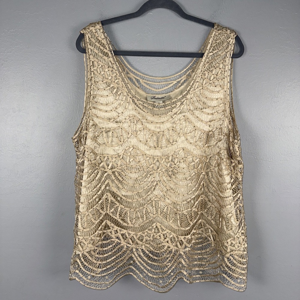 Soulmates Silk Crocheted Lace Tank Top Women's 2X Tan Beige Scalloped Hem